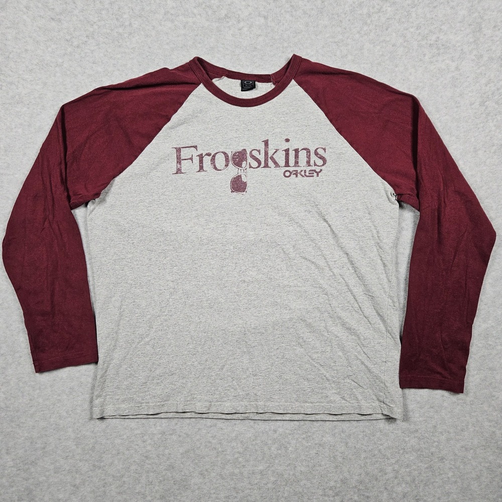Oakley Frogskins Mens XL Gray Red Tee Raglan Graphic Long Sleeve T-Shirt Y2K VTG